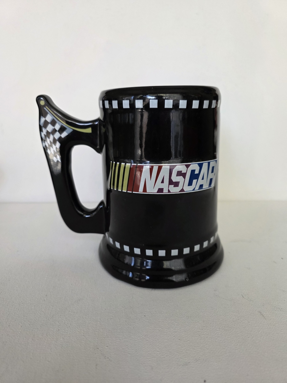 NASCAR Black Ceramic Beer Stein with Checkered Handle